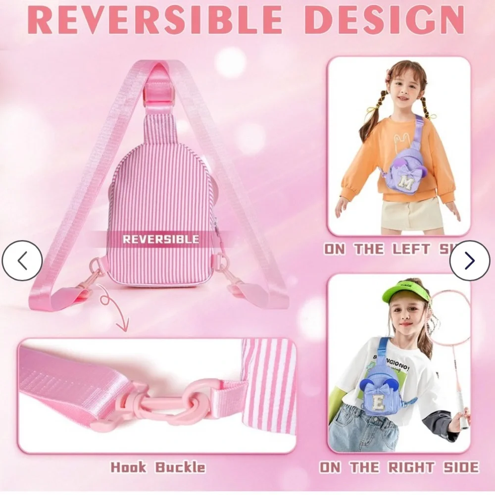 Pink Initial ‘E’ Striped Reversible Crossbody Sling Bag Backpack Girls Bow Bag
